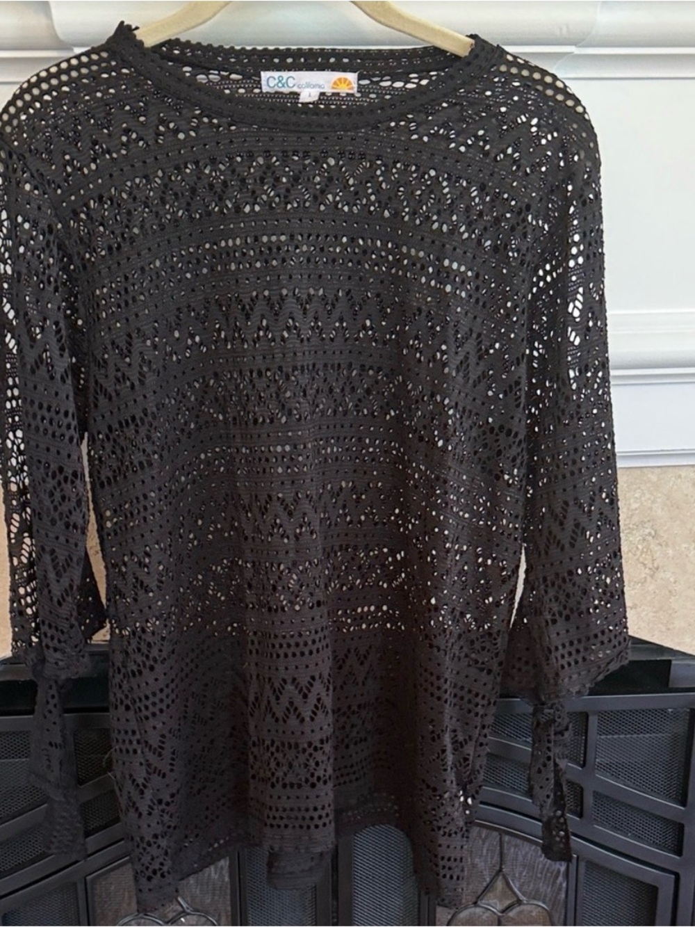 C&C California Black Crochet Open Knit Tunic Sweater Beach Cover Up L